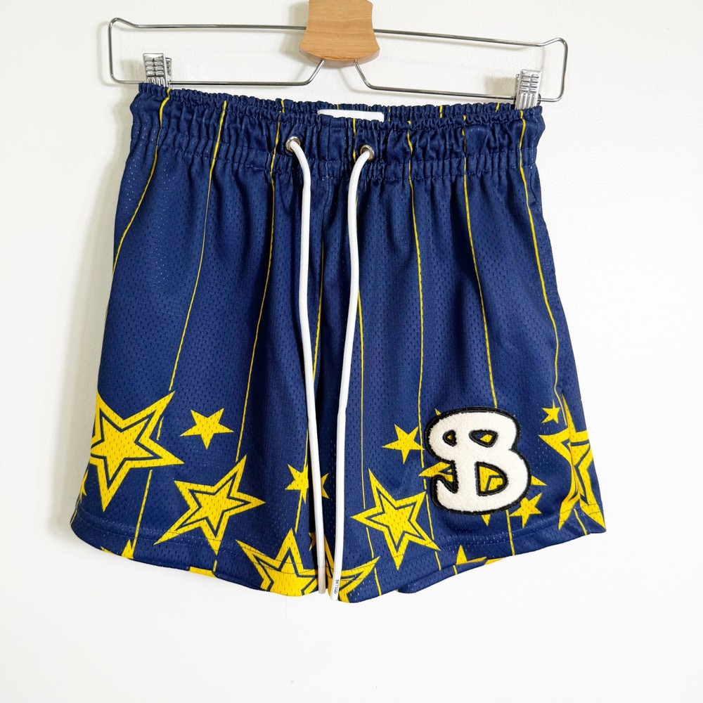 BKTSQD Bucket Squad Mesh Shorts Mens XS Blue Yellow Star Graphic Streetwear
